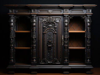 a black cabinet with gold trim