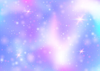Fairy background with rainbow mesh.  Mystical universe banner in princess colors. Fantasy gradient backdrop with hologram. Holographic fairy background with magic sparkles, stars and blurs.