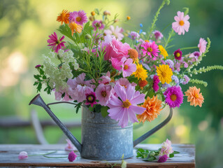 A beautiful bouquet on a rustic table exudes the simple joys of a blooming garden.