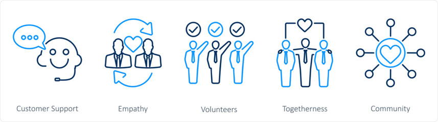 Obraz premium A set of 5 Charity and donation icons as customer support, empathy, volunteers