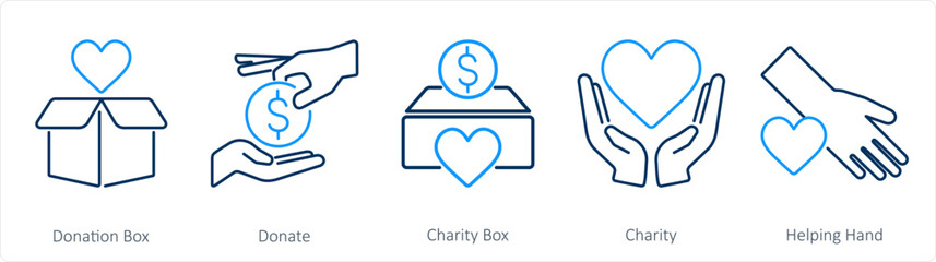 A set of 5 Charity and donation icons as donation box, donate, charity box