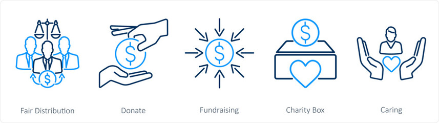 A set of 5 Charity and donation icons as fair distribution, donate, fundraising
