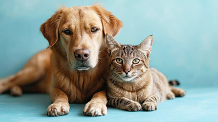 Two adorable dogs and cat playful puppy engage in a heartwarming scene of friendship on blue background banner copy space area