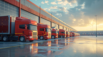 Sunset View of Parked Cargo Trucks.
Row of red cargo trucks parked at distribution warehouse at sunset.