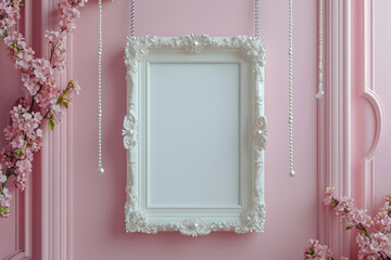 Blank white picture frame mock up hanging on pink wall 