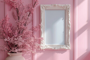 Blank white picture frame mock up hanging on pink wall 