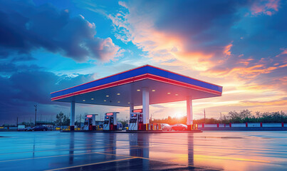 Gas fuel station with clouds and blue sky - obrazy, fototapety, plakaty