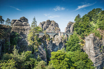 Bastei - a rock formation that is one of the greatest tourist attractions of the Saxon Switzerland National Park, in the Elbe Mountains in the eastern part of Germany - 722870143