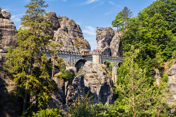 Bastei - a rock formation that is one of the greatest tourist attractions of the Saxon Switzerland National Park, in the Elbe Mountains in the eastern part of Germany - 722870319