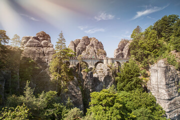 Fototapeta na wymiar Bastei - a rock formation that is one of the greatest tourist attractions of the Saxon Switzerland National Park, in the Elbe Mountains in the eastern part of Germany
