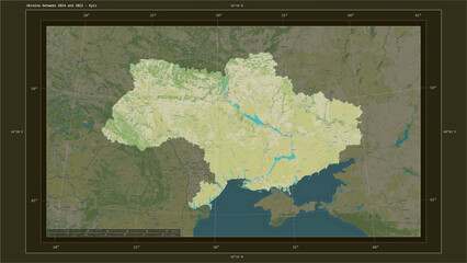 Ukraine between 2014 and 2022 composition. OSM Topographic Humanitarian style map