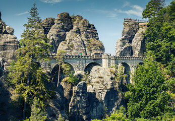 Bastei - a rock formation that is one of the greatest tourist attractions of the Saxon Switzerland National Park, in the Elbe Mountains in the eastern part of Germany