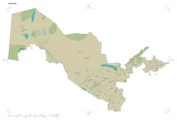 Uzbekistan shape isolated on white. OSM Topographic Humanitarian style map