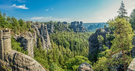 Foto auf Acrylglas Basteibrücke Bastei - a rock formation that is one of the greatest tourist attractions of the Saxon Switzerland National Park, in the Elbe Mountains in the eastern part of Germany