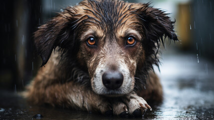 The rain reveals a homeless dogs resilience, longing, and the harsh reality of street life.