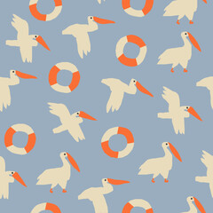 Ocean beach pelicans and lifebuoy seamless pattern. Vector illustration - 722870945