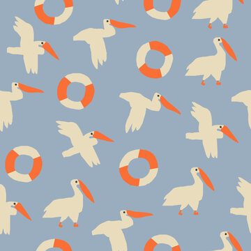 Ocean beach pelicans and lifebuoy seamless pattern. Vector illustration