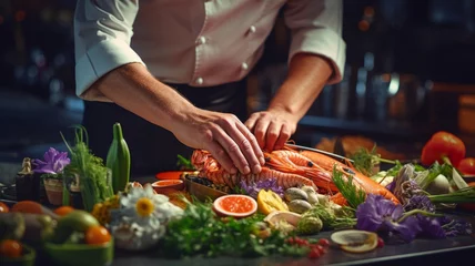 Fotobehang The chef's hands create a vibrant seafood masterpiece. © SashaMagic
