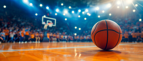 Basketball court with a ball in the background of spectators cheering for the game. Low angle shot