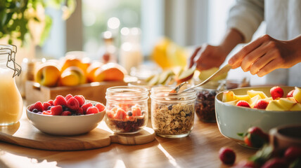 Loving hands prepare a fresh, colorful breakfast with fruits, granola, and yogurt in soft morning light. - obrazy, fototapety, plakaty