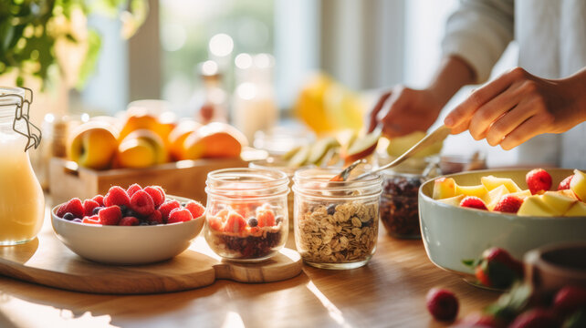 Loving hands prepare a fresh, colorful breakfast with fruits, granola, and yogurt in soft morning light.