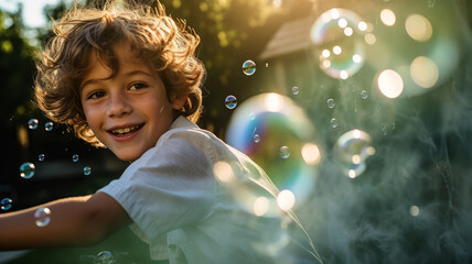 The boy loves to playfully blow bubbles with friends in the sun-drenched backyard.