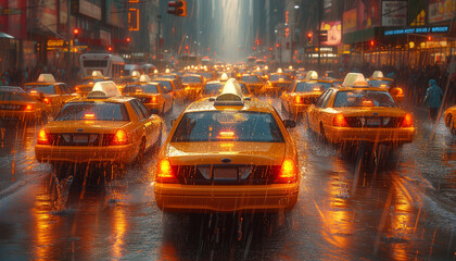 Close up of taxi car in the city street full of taxi cars in rainy day