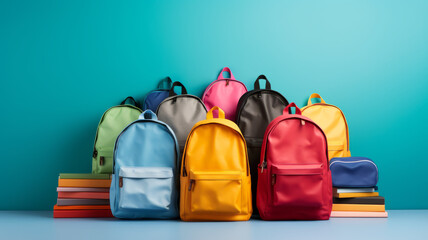 Colored school backpacks on a blue wall background