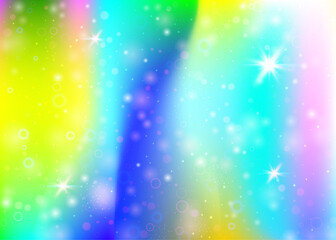 Obraz premium Magic background with rainbow mesh. Kawaii universe banner in princess colors. Fantasy gradient backdrop with hologram. Holographic magic background with fairy sparkles, stars and blurs.