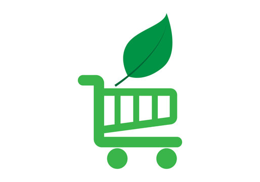 Icono verde de un carrito de la compra con hoja.