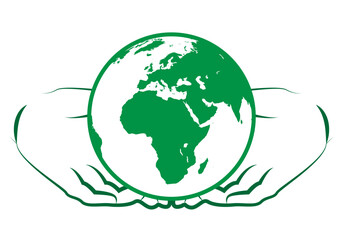 Icono verde de manos acogiendo el planeta tierra.  © Gabrieuskal