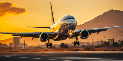Commercial Airplane Taking Off from Runway at Sunset with Cityscape and Mountains in Background