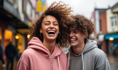 Joyful transgender woman with curly hair in pink hoodie laughing with a joyful friend on a lively city street