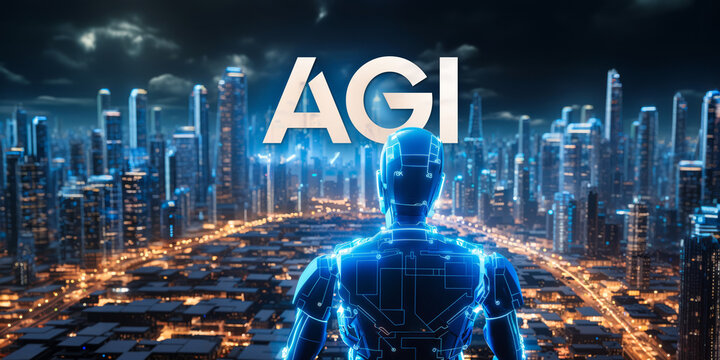 Illuminated neon blue AI figure standing before a sprawling cityscape with 'AGI' letters floating above in a futuristic world concept