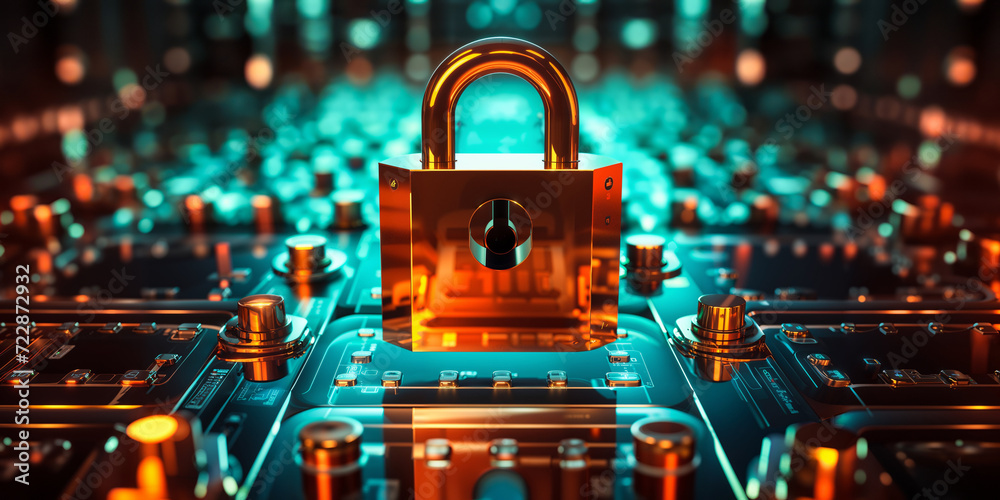 Poster digital lock with floating data blocks in a virtual reality space, representing online security, enc