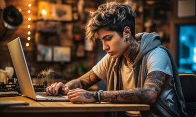 Focused tattooed young woman working on her laptop in a creatively decorated room filled with artistic posters and vintage items - obrazy, fototapety, plakaty