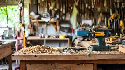 The workshop exudes the earthy aroma of freshly cut wood, a testament to the artistry within. - obrazy, fototapety, plakaty