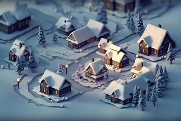 3d rendering isometric village in snow - obrazy, fototapety, plakaty