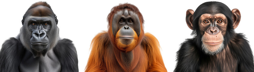 Ape bundle, close-up portraits of a gorilla, orang-utan and a chimpanzee isolated on a white background, animal collection