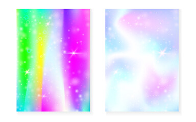 Kawaii background with rainbow princess gradient. Magic unicorn hologram.