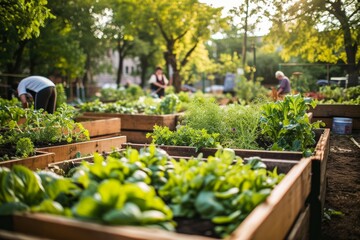Wooden raided beds in an urban garden. People harvesting fresh vegetables, herbs spices in city urban community garden near their home. Sustainable living, Generative AI 
