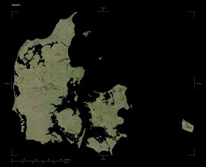 Denmark shape isolated on black. High-res satellite map