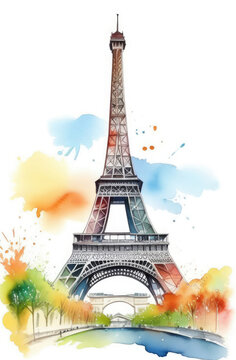 Eiffel Tower, watercolor vertical illustration of famous Paris sight. France capital, travelling.