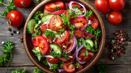 Fresh vegetable salad with tomatoes, broccoli, onions and fruits in a kitchen, Conceptual of family healthy, generative, AI