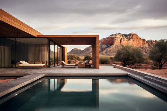 Architektur, modernes Haus in den Bergen, Villa mit Pool, erstellt mit generativer KI