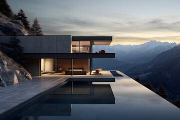 Architektur, modernes Haus in den Bergen, Villa mit Pool, erstellt mit generativer KI - 722876515