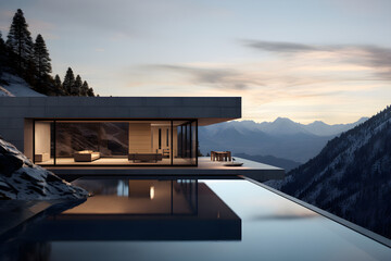 Architektur, modernes Haus in den Bergen, Villa mit Pool, erstellt mit generativer KI - 722876573