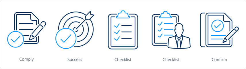 A set of 5 Checkmark icons as comply, success, checklist