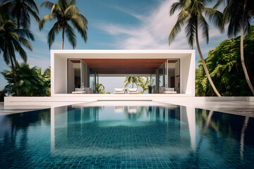 Architektur, modernes Haus an tropischem Strand, Villa mit Pool, erstellt mit generativer KI - 722876733