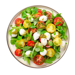 Caprese Salad with Cherry Tomatoes and Pesto Sauce on White Background